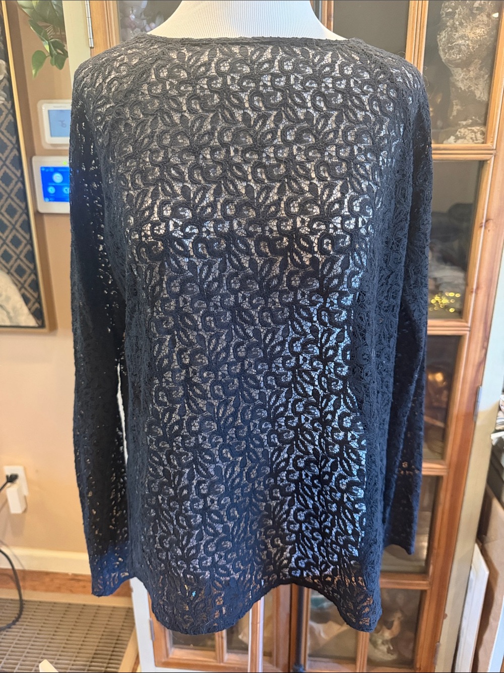 Nili Lotan Black Lace-Pattern Long Sleeve Top